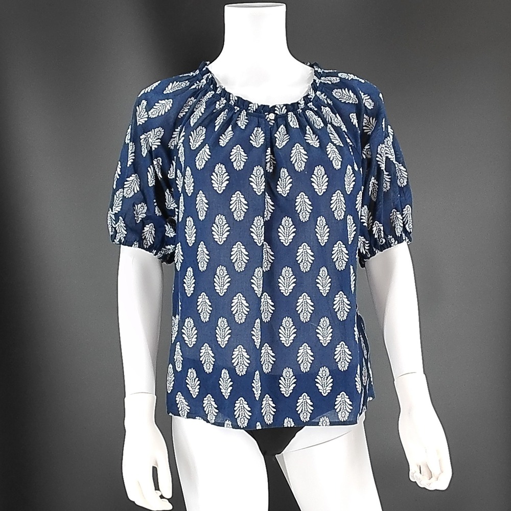 J.Crew Womens Navy Blue White Leaf Print Cotton Puff Sleeve Blouse Size S